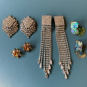 Vintage Clip On Earring Lot - 4 pairs with Rhinestones Crystals Long Chandelier